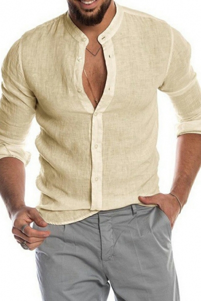 Modern Shirt Pure Color Long Sleeve Collarless Button Closure Slim Fitted Shirt Top for Men