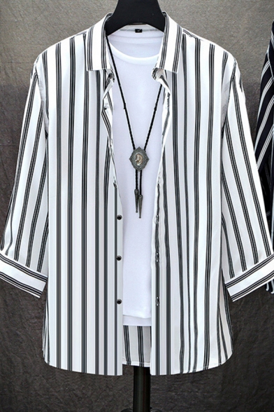 Modern Shirt Stripe Printed Button up Turn-down Collar 3/4 Sleeves Regular Fitted Shirt for Men