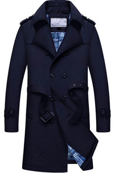 Popular Mens Trench Coat Solid Color Belted Double Breasted Long Sleeve Lapel Collar Slim Fit Trench Coat