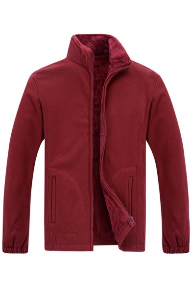 Simple Sweatshirt Plain Sherpa Lined Zip-Fly Long Sleeve Stand Collar Regular Sweatshirt for Guys