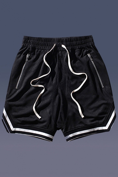 Sporty Shorts Stripe Pattern Drawstrings Zipper Detail Mid-Rise Basketball Shorts for Guys
