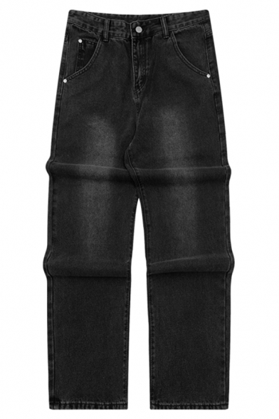 Stylish Jeans Solid Color Bleach Mid Rise Long Length Straight Jeans in Black for Men