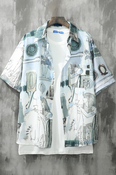 Stylish Mens Shirt Abstract Printed Short Sleeve Spread Collar Button Up Relaxed Shirt Top