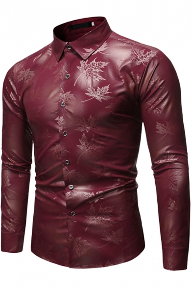 Stylish Mens Shirt All over Leaf Print Hot Stamping Long Sleeve Point Collar Button-down Fit Shirt