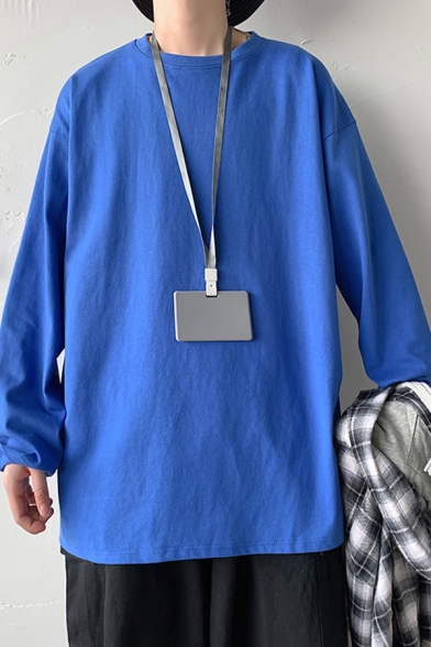 Stylish Sweatshirt Solid Color Long Sleeve Crew Neck Pullover Loose Sweatshirt for Men