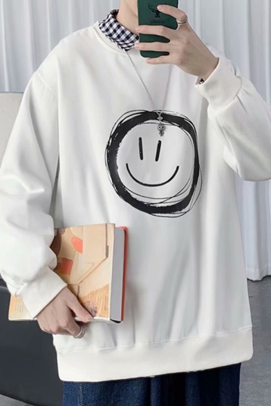 Trendy Men's Sweatshirt Smiling Face Pattern Long Sleeves Round Neck Loose Fit Sweatshirt