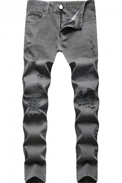 Vintage Mens Plain Medium Wash Distressed Zipper Fly Skinny Fit Denim Pants