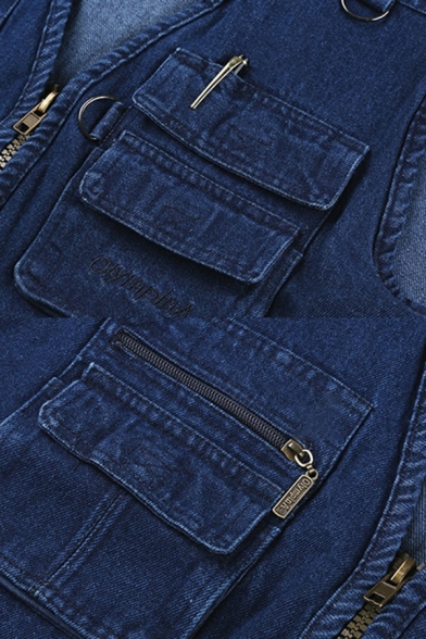 Vintage Plain Men's Vest Zip Closure V Neck Multi Pockets Slim Fit Denim Vest