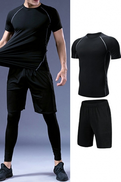 Activewear Set Color Block Short Sleeve Round Neck Slim Fit Tee Top with Elastic Waist 7/8 Length Pants Set for Men