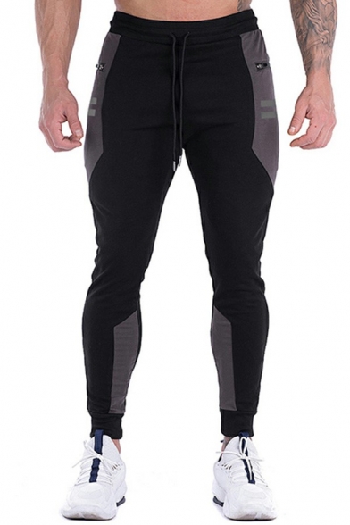 Athletic Drawstring Pants Color Block Mid-Rise Full Length Skinny Jogger Pants for Men