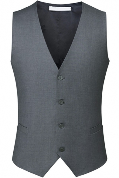 Basic Guys Vest Solid Color Front Pocket Single-Breasted Sleeveless V Neck Slim Fit Suit Vest