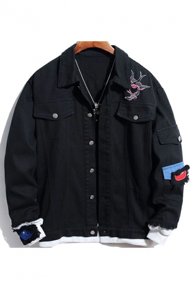 Boyish Denim Jacket Color Block Turn Down Collar Regular Fit Long Sleeve Button-down Jacket for Men