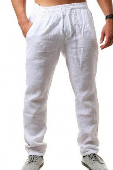 Casual Lounge Pants Pure Color Drawstring Waist Long Loose Fitted Pants for Men
