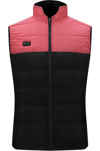 Casual Mens Vest Color Block Stand Collar Sleeveless Zipper-down Slim Heating Vest