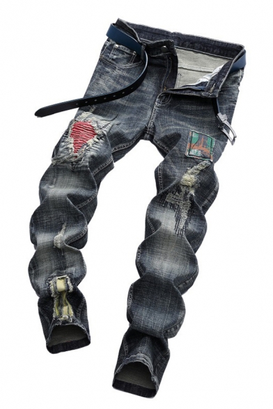 Chic Men's Jeans Distressed Ripped Patch Mid-Rise Zip-Fly Slim-Cut Full Length Jeans