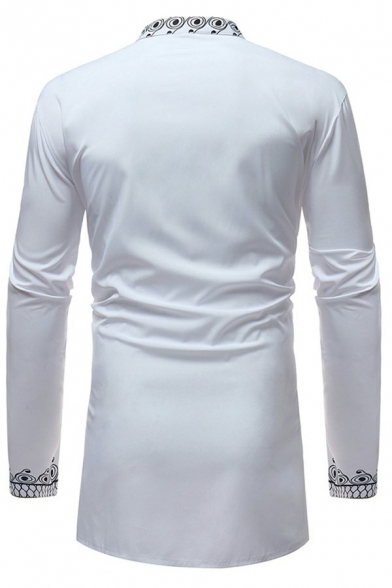 Chic Men's Shirt Graphic Pattern Button Closure Long Sleeves Stand Collar Long Length Slim Shirt