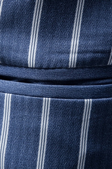 Chic Mens Blazer Striped Print Single Breasted Welt Pockets Slim Fit Lapel Blazer