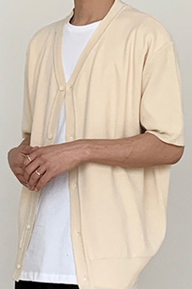 Elegant Cardigan Pure Color Button-down Short Sleeve V-neck Knit Loose Cardigan for Men