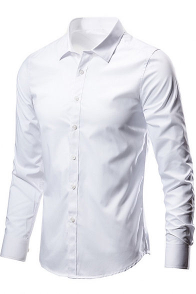 Elegant Shirt Plain Long-Sleeved Turn-down Collar Slim Fitted Button Shirt Top for Men