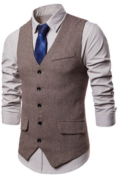 Elegant Suit Vest Solid Color Flap Pockets Single-Breasted V-Neck Slim-Cut Waistcoat for Men