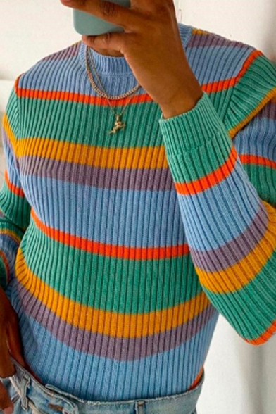 Fashion Mens Sweater Striped Knit Long Sleeve Crew Neck Slim Pullover Sweater Top in Blue-Green