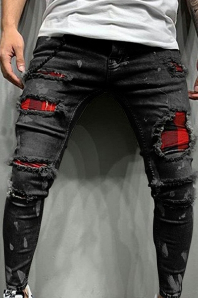 Fashionable Jeans Ripped Patch Zipper Fly Long Skinny Fitted Jeans for Men