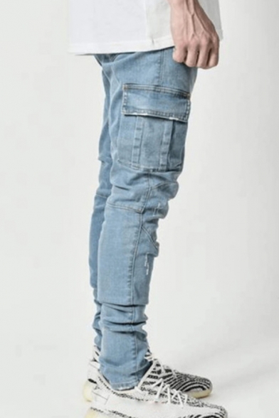 Fashionable Jeans Solid Color Pockets Decorated Zip Slim Fitted Jeans for Men