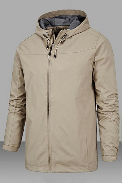 Leisure Jacket Solid Color Long Sleeve Zipper Closure Hooded Loose Jacket for Men