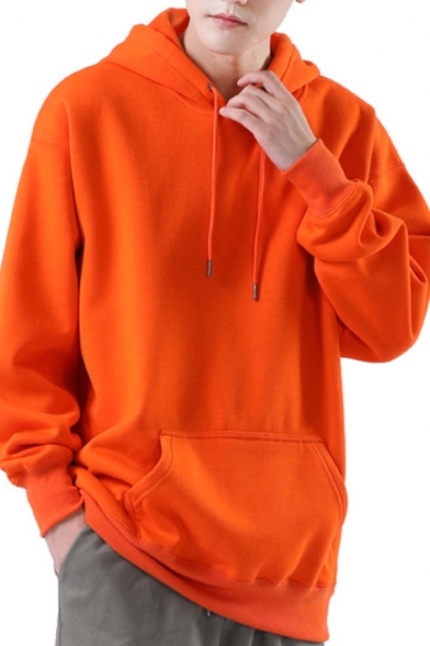 Leisure Mens Hoodie Solid Color Front Pocket Long Sleeves Relaxed Hoodie