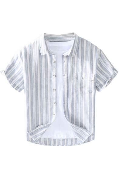 Leisure Mens Shirt Stripe Printed Flap Pocket Short Sleeve Turn Down Collar Button Up Regular Shirt