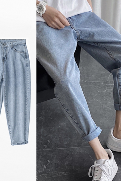 Light Blue Korean Style Jeans Plain Bleach Mid Rise Full Length Tapered Relaxed Fitted Jeans for Boys