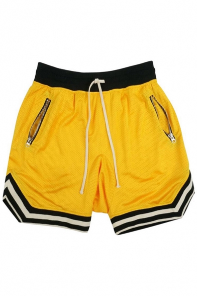 Men Athletic Shorts Stripe Pattern Zipped Pockets Mid Rise over The Knee Loose Shorts