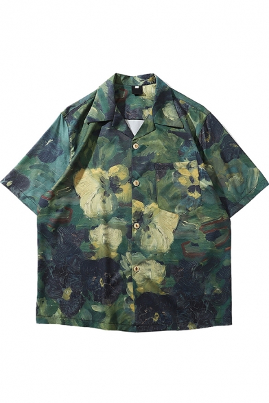 Men Casual Green Shirt Painting Print Button-down Notch Collar Front Pocket Short-sleeved Regular Shirt