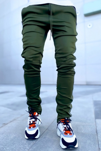Men Casual Lounge Pants Contrast Side Stitching Drawstring Mid-Rise Long Fitted Pants