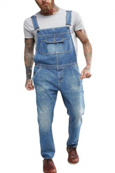 Men Freestyle Suspender Jeans Faded Effect Stretch Denim Two-Pocket Styling Zip-Fly Slim Jeans in Blue