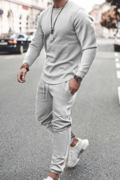 Men Leisure Two Piece Set Solid Color Crew Neck Long Sleeve Sweatshirt Drawstring Fitted Jogger Two Piece Set