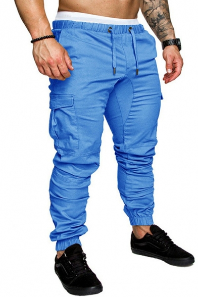 Men Modern Cargo Pants Plain Flap Pocket Decorated Mid-Rise Drawstring Skinny Pants