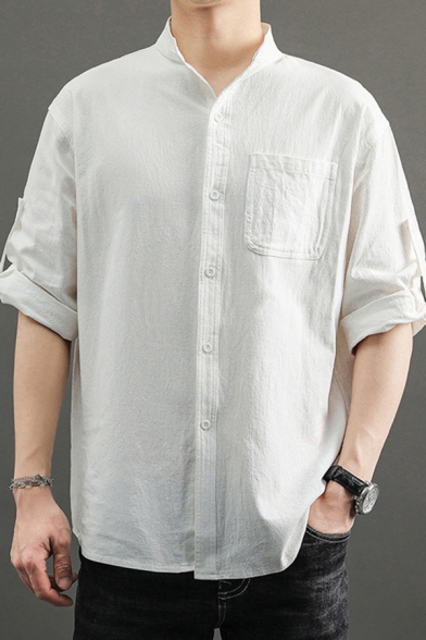 Men Simple Shirt Solid Color Button up Stand Collar Half Sleeves Regular Fitted Shirt
