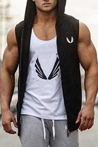 Men Sporty Vest Mini Logo Pattern Front Pockets Hooded Zip-Fly Slim Fitted Vest