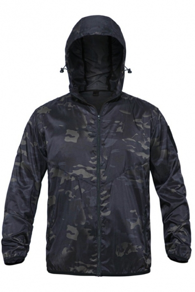 Men Track Jacket Camouflage Print Hooded Zip Fly Pocket Detail Regular Fit Casual Jacket