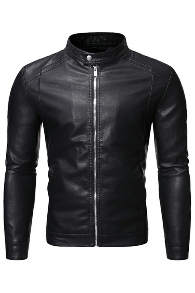 Men Trendy Jacket Solid Color Topstitching Zip up Stand Collar Side Pockets Long Sleeve Slim Leather Jacket in Black