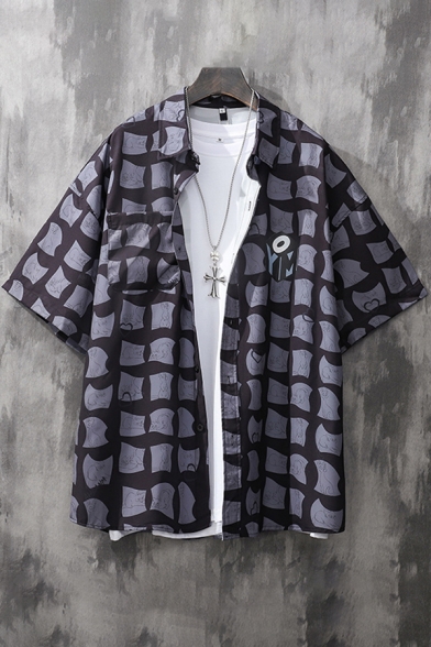 Mens Fashion Shirt All over Heart Patterned Half Sleeve Turn-down Collar Button Up Loose Shirt
