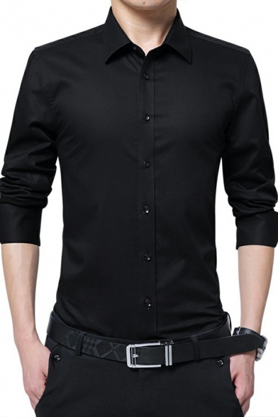Mens Formal Shirt Solid Color Long Sleeve Turn-down Collar Button-up Slim Fitted Shirt Top