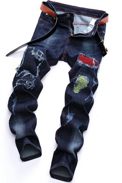 Mens Jeans Stylish Dark Wash Distressed Zipper Fly Long Length Mid Waist Slim Fit Jeans
