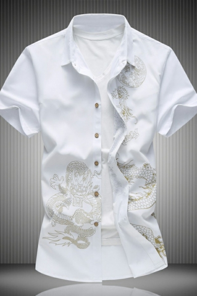 Modern Mens Shirt Dragon Pattern Short Sleeve Turn-down Collar Slim Button-up Shirt