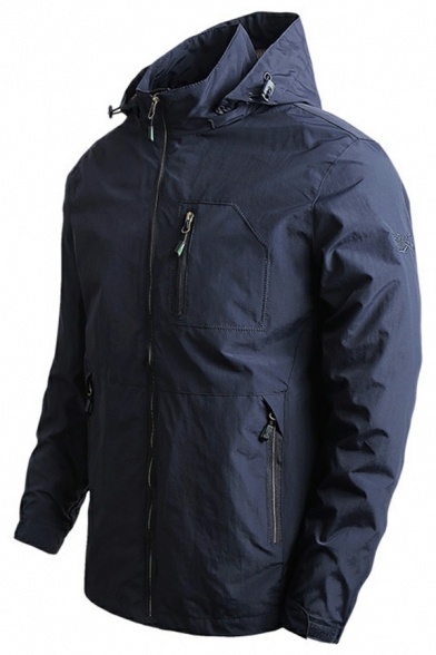 Popular Jacket Pure Color Pocket Detail Drawstring Zip-Fly Long-Sleeved Fit Hooded Jacket for Men