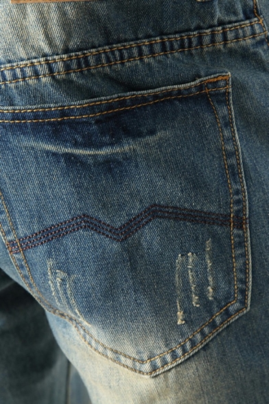 Retro Men's Jeans Destroyed Design Zip-Fly Light Washing Effect Skinny Jeans