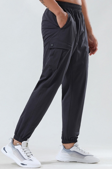 Simple Jogger Pants Pure Color Elastic Waist Ankle Length Tapered Sporty Pants for Men