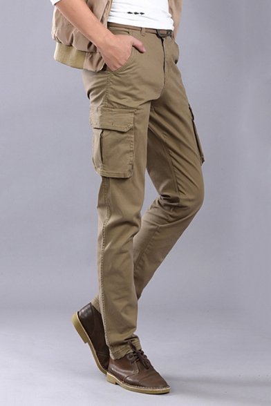 Simple Mens Cargo Pants Solid Color Flap Pockets Zipper Long Length Straight Pants