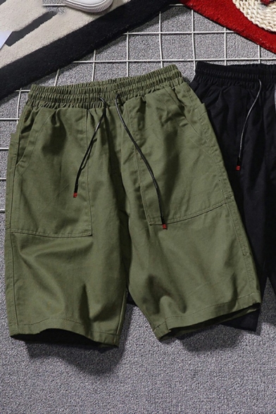 Simple Mens Shorts Pure Color Back Pockets Drawstring Waist Baggy Fit Cargo Shorts